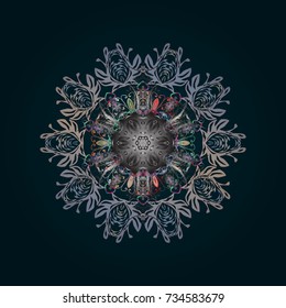 Folk Style. Design for Fabric or Wallpaper. Lacy Fashion Print for Textile. Ethnic of Lace Snowflakes. Vector illustration. Stylized Flowers. Decorative Texture Background of Mandalas.