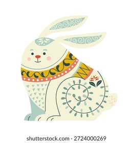 Conejo de Pascua de estilo Folk sentado de lado con adornos decorativos y paleta pastel. Carácter de Vector dibujado a mano con sentimiento escandinavo acogedor para la decoración de Pascua, impresiones, papelería, ilustraciones para niños