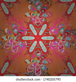 Folk style. The elegant the template for fashion prints. Modern floral background. Amazing seamless floral pattern with bright colorful flowers and leaves on a orange, red and pink colors.