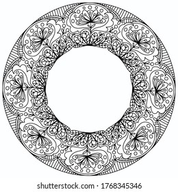 folk style floral ornaments forming a wreath, drawn on a white background, for coloring, vector