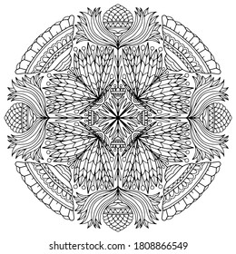 folk style flowers and ornaments forming a mandala drawn on a white background for coloring, vector, mandala