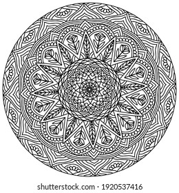 folk style flowers and ornaments forming a mandala drawn on a white background for coloring, vector, print mandala