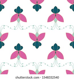 Folk style flowers pattern in green and pink colour on white background. Seamless vector pattern.