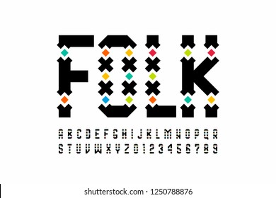 Folk style font design, alphabet letters and numbers vector illustration