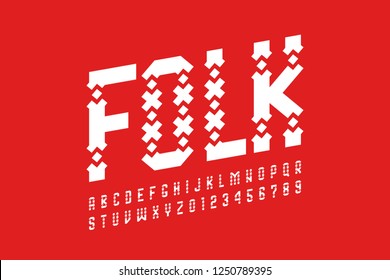 Folk style font design, alphabet letters and numbers vector illustration