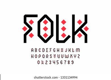 Folk style font design, tribal alphabet, letters and numbers vector illustration