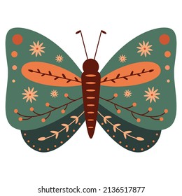 Folk style green butterfly decorative graphic art