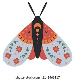 Folk style grey red moth decorative graphic art