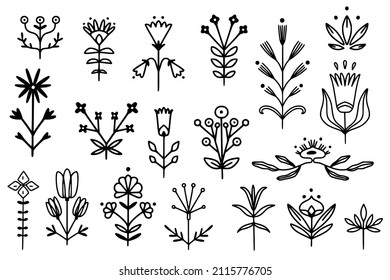 Folk style linear simmetrical flowers. Simple hand drawn outline doodle illustration. Stylized decorative floral elements for tatoo, stationery, cards. Traditional decor. Vector botany set