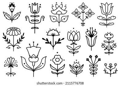 Folk style linear simmetrical flowers. Sinple hand drawn outline doodle illustration. Stylized decorative floral elements for tatoo, stationery, cards, . Traditional decor. Vector botany set