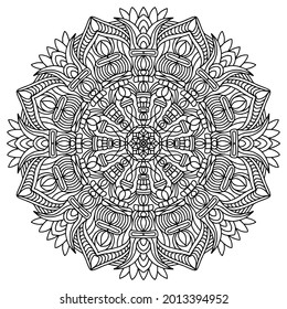 folk style mandala with floral ornaments for coloring on a white background, vector