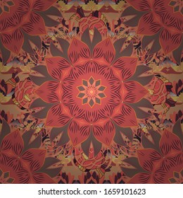 Folk style. Modern floral background. Amazing seamless floral pattern with bright colorful flowers and leaves on a orange, brown and pink colors. The elegant the template for fashion prints.