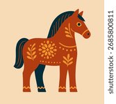 Folk style Scandinavian horse vector illustration in flat design, traditional Dala horse inspired artwork, decorative and colorful animal symbol for Nordic culture and design