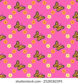 Folk style seamless pattern for Dia de los Muertos holiday. Butterfly in bright color with flowers on pink background. Vector illustration for textile, wallpaper