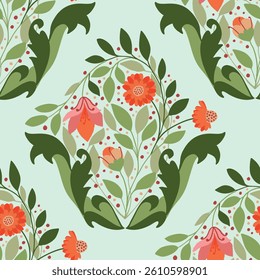 Folk style seamless vector repeat with stylized floral medallions and leaves