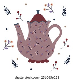 Folk style teapot decorated with decorative flowers and leaves Vector illustration