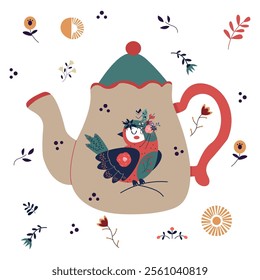 Folk style teapot, kettle decorated with decorative flowers and bird and leaves Vector illustration