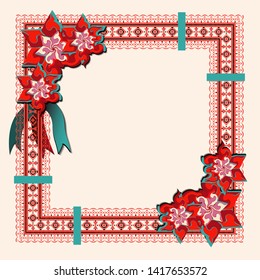 Folk style textile embroidery with flowers and place for text. Ukrainian style