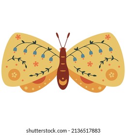 Folk style yellow butterfly decorative graphic art