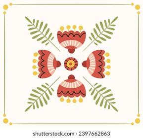 Folk symmetrical ready to use vector print in Scandinavian style, hygge isolated design. Composition with classic ethnic elements. The scandi folk motif - mirror reflected flowers and leaves