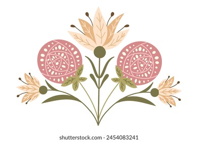 Folk symmetry floral composition with abstract flowers. Vector hand drawn illustration in muted colors on white background. Ideal for home decor or printout