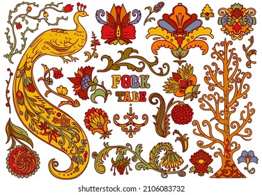 Folk tale ornament design elements set. Peacock bird, flowers, plants with decorative patterns. Stylized objects on white background. Colourful vector illustration