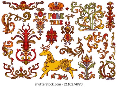 Folk tale ornament design elements set. Deer, flowers, plants with decorative patterns. Stylized objects on white background. Colourful vector illustration