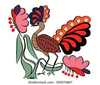Folk traditional painting. pattern with flowers and birds