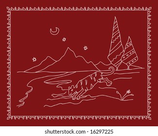 Folk, tribal Designs, Motif, wall painting Animal Drinking water in pond