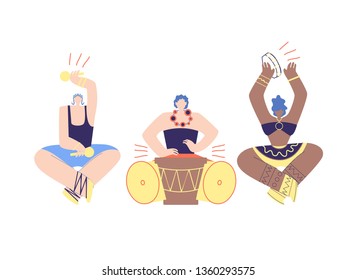 Folk Tribal Musician Band Flat Vector Illustration. Cartoon Woman Characters Playing Castanets, Tambourine, Drum. Multicultural Player in Beads Ethnic Clothes Percussion Musical Instrument