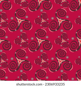 Folk triple spiral celtic triskele geometric symbol seamless ornament. Three legs triskel swirl sacred geometry. Greek joining spirals mysterious motif. Nordic sign pattern.