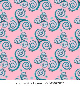 Folk triple spiral celtic triskele rotating sign seamless ornament. Three legs triskel whirlpool sacred geometry. Greek joining spirals mystical motif. Ayahuasca symbol pattern.