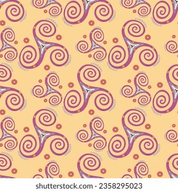 Folk triple spiral celtic triskele geometric sign seamless ornament. Three legs triskele swirl sacred geometry. Irish joining spirals mysterious motif. Viking symbol pattern.