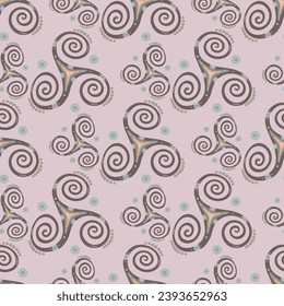 Folk triple spiral celtic triskele rotating symbol endless pattern. Trinity helix triskel vortex sacred geometry. Celtic joining spirals traditional motif. Nordic sign ornament.