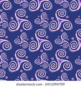 Folk triple spiral celtic triskele geometric symbol seamless ornament. Three legs triskelion scroll sacred geometry. Irish joining spirals mysterious motif. Druid sign pattern.