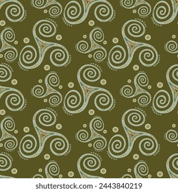 Folk triple spiral celtic triskele rotating sign seamless pattern. Trinity helix triskel whirlpool sacred geometry. Wiccan joining spirals psychedelic motif. Viking symbol ornament.