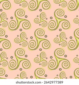 Folk triple spiral celtic triskele sacred symbol seamless ornament. Trinity helix triskel loop sacred geometry. Wiccan joining spirals mysterious motif. Nordic sign pattern.