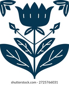 Folk Tulpe Blüte mit Stamm, Blütenblätter Ausschnitte, und Blattmuster in nordischen Ornament. Symbol des Erbes, der Natur, der Harmonie und der Eleganz der Inneneinrichtung. Cartoon, Vektorgrafik.