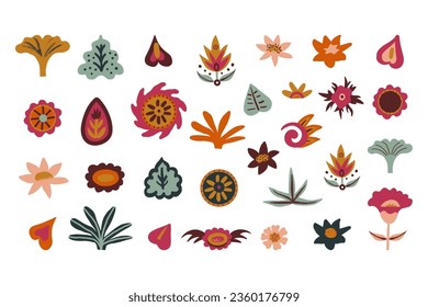 Folk Turkish, Indian, Indonesian flowers set, Asian-style floral design elements collection. Oriental plants, flowers, water lilies, leaves, fire, and sun signs set. Vector hand-drawn botanical icons.