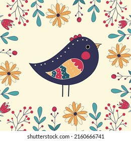 Folk vector card with colorful bird and bright flowers. Cute chicken 