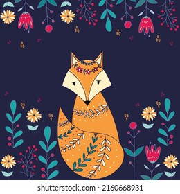 Folk vector card with colorful fox and bright flowers. Cute foxy 