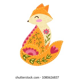 Folk vector colorful illustration with beautiful fox and flowers. Scandinavian style