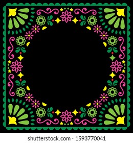 Folk vector greeting card, Mexican style wedding or party invitation, floral pink and green design on black background. Folk art pattern frame decoration inspired by traditional art form Mexico