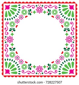 Tarjeta de saludo vector folk, boda al estilo mexicano o invitación a fiesta. Diseño de arte folclórico rosa y verde inspirado en el arte tradicional mexicano de fondo blanco, para decoración