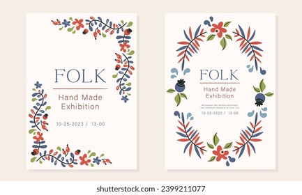 Folk vector invitations, flyers or advertising templates in Nordic style, hygge ready to use designs or prints. Symmetrical ethnic elements. The scandi folk motifs - snake, flowers, leaves