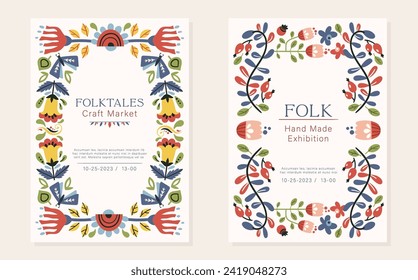 Folk vector invitations, flyers or advertising templates in Nordic style, hygge designs or prints. Symmetrical ethnic frames with copy space. Folkloric motifs - moth, flowers, leaves