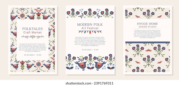 Folk vector set of invitations, flyers or advertising templates pack in Nordic style, hygge ready to use designs or prints. Symmetrical ethnic elements. scandi folk motifs - snake, flowers, leaves