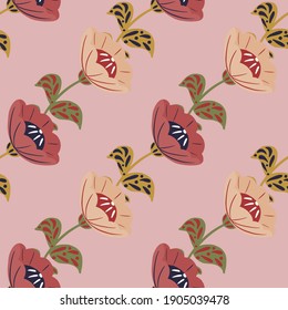 Folk vintage seamless pattern with flowers ornament. Hand drawn floral print in pale pink tones. Perfect for fabric design, textile print, wrapping, cover. Vector illustration.