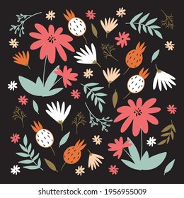 Folk vintage style floral conposition on dark background. Perfect for any design or purpose. Pastel colors vector hnd drawn floral elements. 