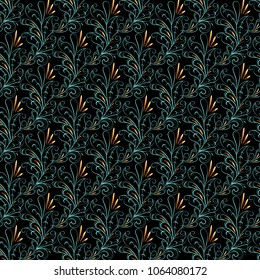 Folk vintage style flowers and floristic elements, seamless pattern. Trendy gold and mint texture on a black background.